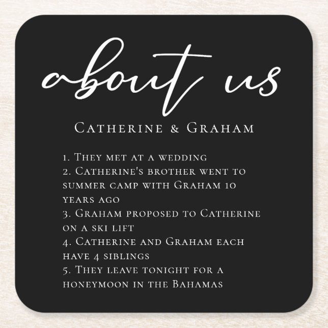 About Us Couple Facts Trendy Modern Black Wedding Square Paper Coaster (Front)