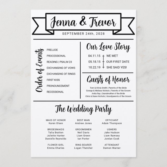 About Us Fun Minimalist Wedding Program Programme (Front)