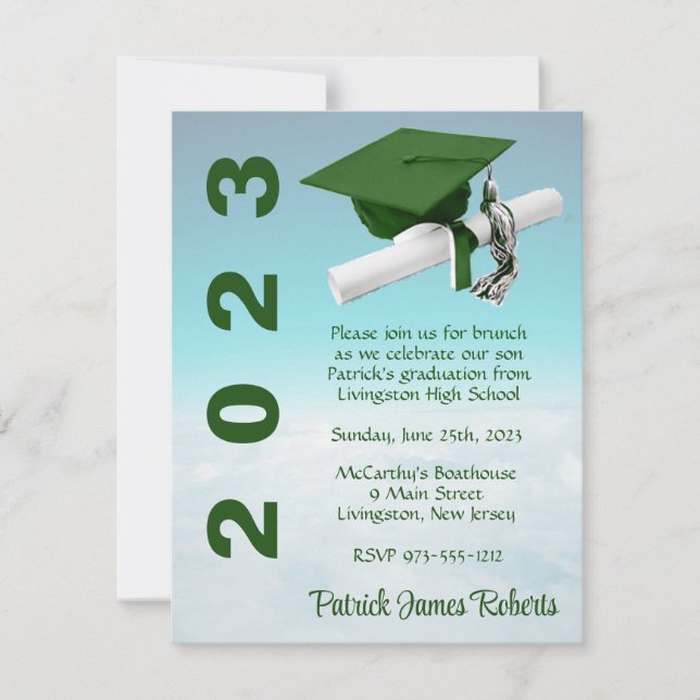 'Above The Clouds' Green & White Graduation Invitation (Front)