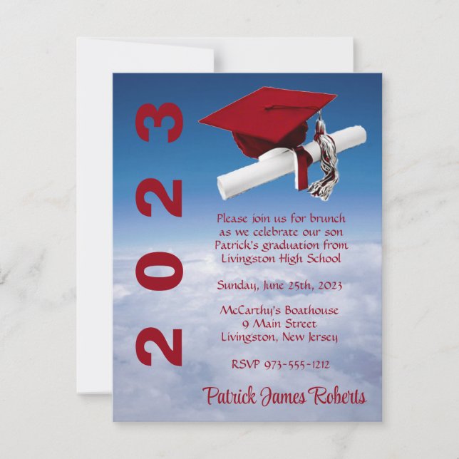 'Above The Clouds' Red Cap Graduation Invitation (Front)