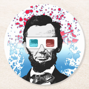 Abraham Lincoln 3D Glasses Patriotic Red Blue Round Paper Coaster
