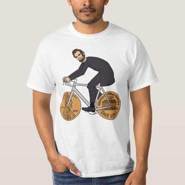 Abraham Lincoln On A Bike With Penny Wheels T-Shirt (Front)