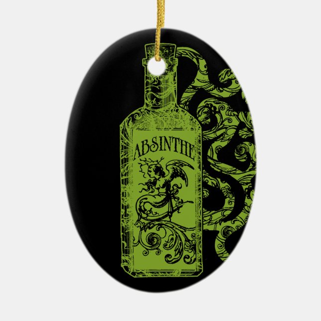 Absinthe Bottle Swirls Ceramic Tree Decoration (Front)