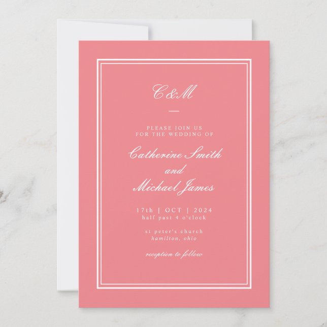 Absolute Classic Coral Pink Monogram Wedding Invitation (Front)