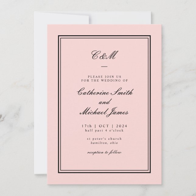 Absolute Classic Pink and Black Monogram Wedding Invitation (Front)