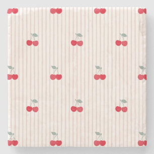 Absorbent Retro Cherries Pattern Sweetheart Glaze Stone Coaster