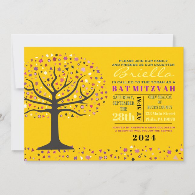 Abstact Tree of Life Bat Mitzvah Invitation Gold (Front)