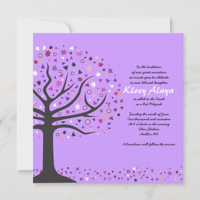 Abstact Tree of Life Bat Mitzvah Invitation Purple (Front)