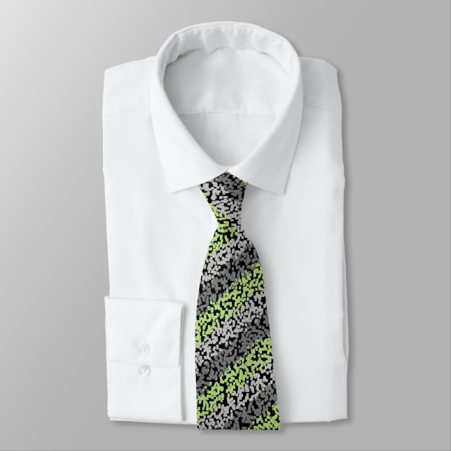 Abstrac pixelated green grey black stripes pattern tie (Tied)