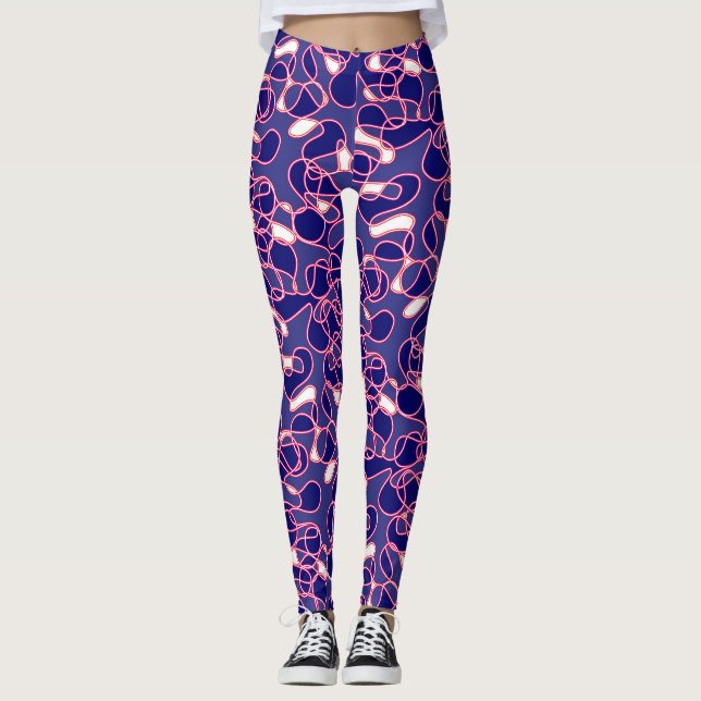 Abstract 290523 Deep Navy, Red and White Leggings (Front)