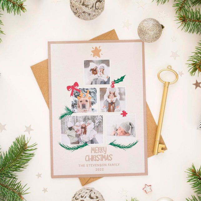 Abstract 5 photos merry Christmas tree earth ecru Holiday Card (Creator Uploaded)