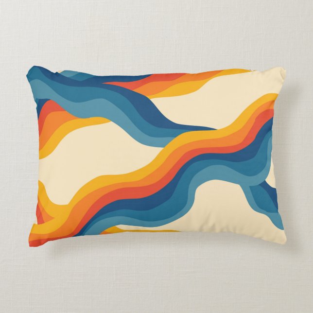 Abstract 70s Retro Orange Blue Wavy Stripe Pattern Decorative Cushion (Front)