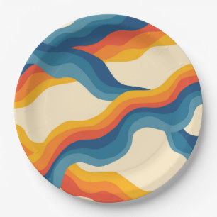 Abstract 70s Retro Orange Blue Wavy Stripe Pattern Paper Plate