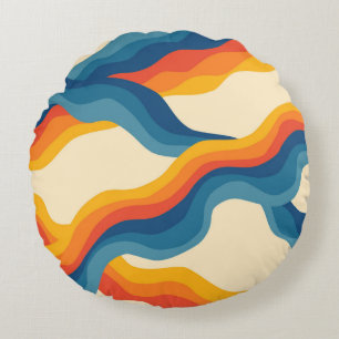 Abstract 70s Retro Orange Blue Wavy Stripe Pattern Round Cushion