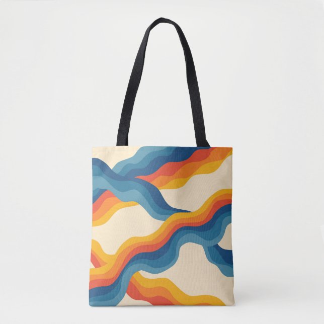 Abstract 70s Retro Orange Blue Wavy Stripe Pattern Tote Bag (Front)