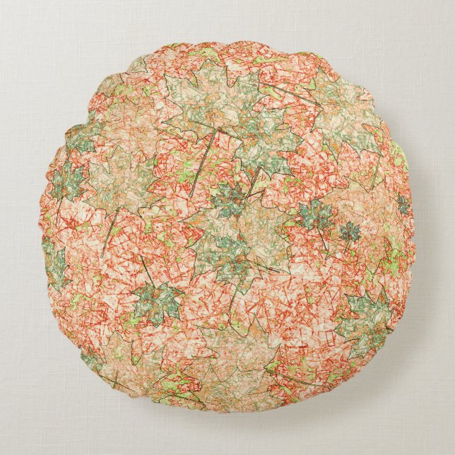 Abstract acer leaves upon scratched coral ground round cushion (Front)