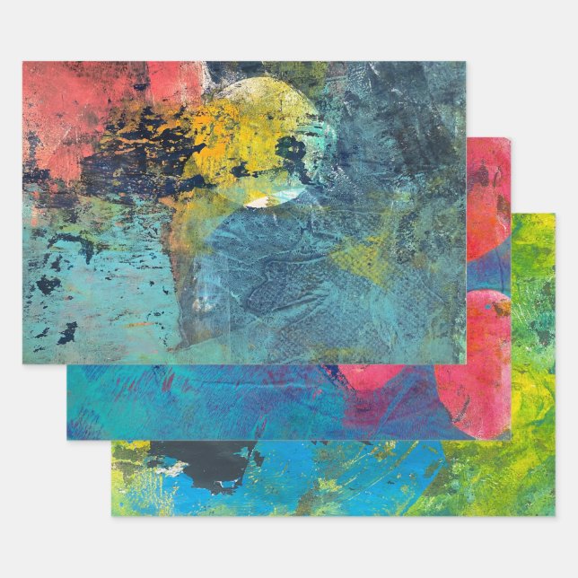 Abstract Acrylic Paint Gelli Print Set of Three Wrapping Paper Sheet (Set)