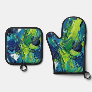 Abstract Acrylic Paint in Blue Oven Mitt & Pot Holder Set