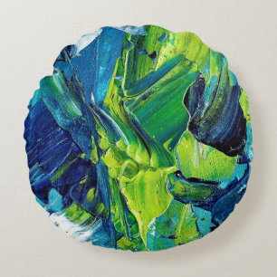 Abstract Acrylic Paint in Blue Round Cushion