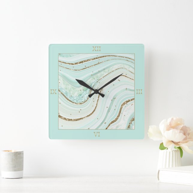Abstract Agate Mint ID827 Square Wall Clock (Home)