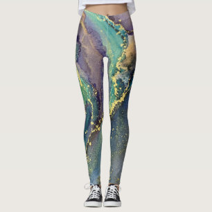 Abstract Alcohol Ink Art Blue Gold Aqua Purple Leggings