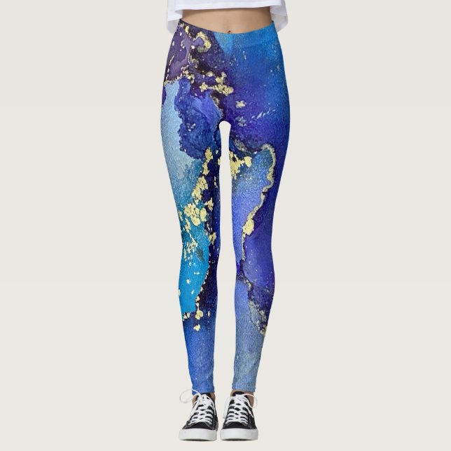 Abstract Alcohol Ink Art Blue Gold Aqua Purple Leggings (Front)