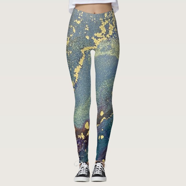 Abstract Alcohol Ink Art Blue Teal and Gold Leggings (Front)