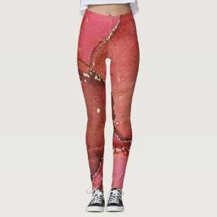Abstract Alcohol Ink Art Bright Red and Gold Leggings