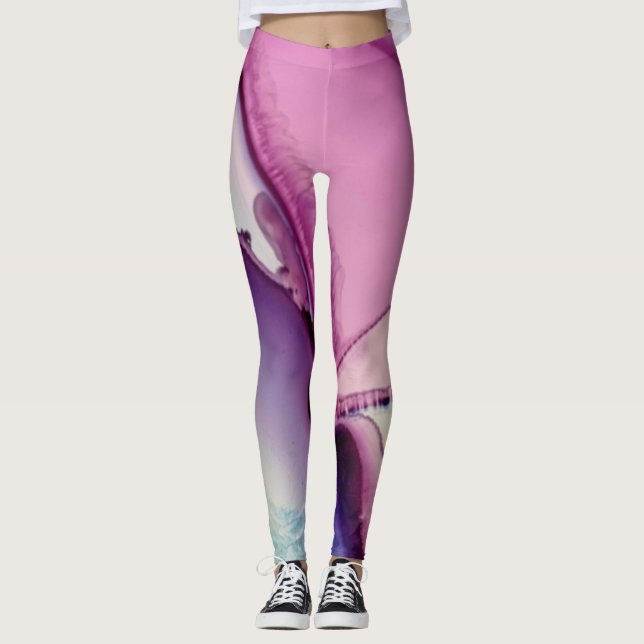 Abstract Alcohol Ink Art Pink Purple Blue White Leggings (Front)