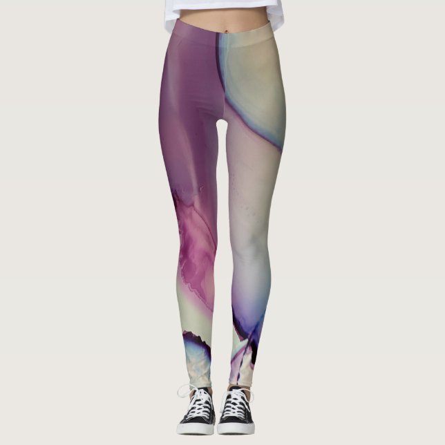 Abstract Alcohol Ink Art Pink Purple Blue White Leggings (Front)