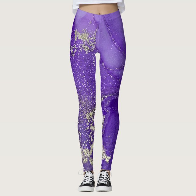 Abstract Alcohol Ink Art Purple and Organic Silver Leggings (Front)