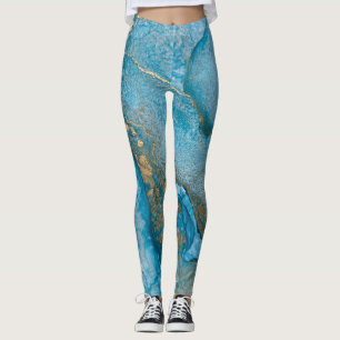 Abstract Alcohol Ink Art Rich Teal & Gold Leggings