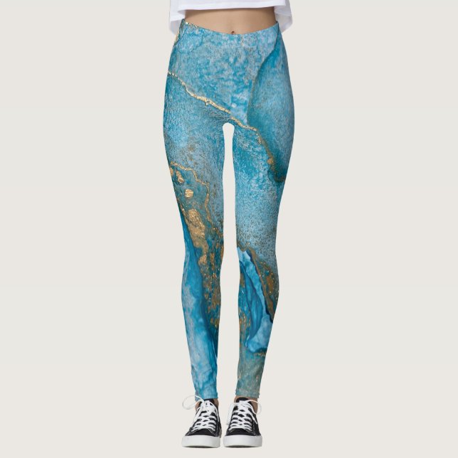 Abstract Alcohol Ink Art Rich Teal & Gold Leggings (Front)