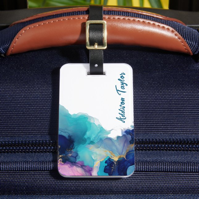 Abstract Alcohol Ink Blue/Teal Lavender  Luggage Tag (Front Insitu 2)