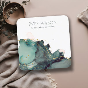 Abstract Alcohol Ink Gold Green Earring Display Square Business Card