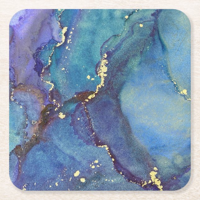 Abstract Alcohol Ink Green Purple Blue & Gold Square Paper Coaster (Front)