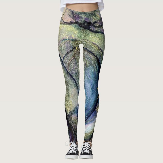 Abstract Alcohol Ink Shimmery Multicolored Leggings (Front)