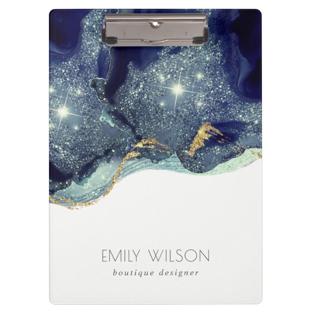 Abstract Alcohol Ink Silver Navy Blue Glitter Clipboard (Front)