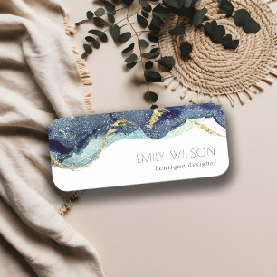 Abstract Alcohol Ink Silver Navy Blue Glitter  Name Tag