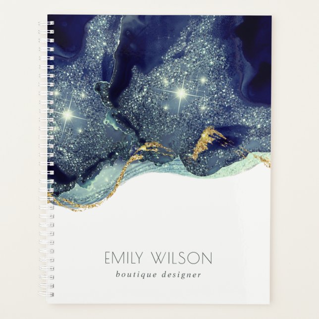 Abstract Alcohol Ink Silver Navy Blue Glitter Planner (Front)