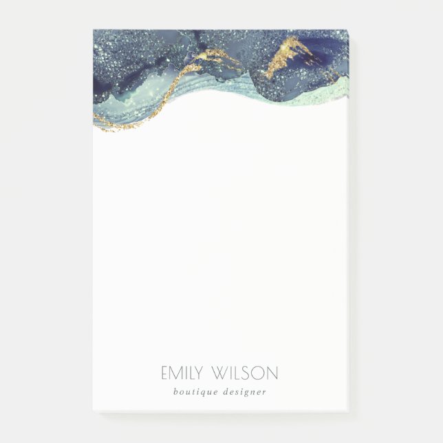 Abstract Alcohol Ink Silver Navy Blue Glitter Post-it Notes (Front)