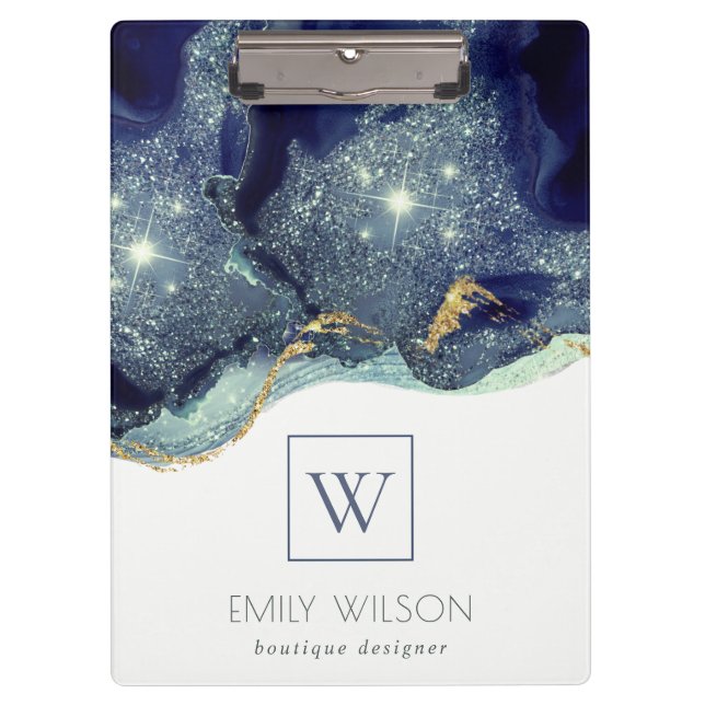 Abstract Alcohol Ink Silver Navy Glitter Monogram Clipboard (Front)