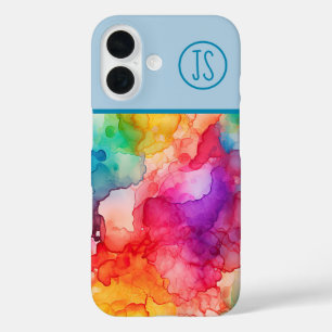 Abstract Alcohol Ink Style Rainbow Monogrammed iPhone 16 Case