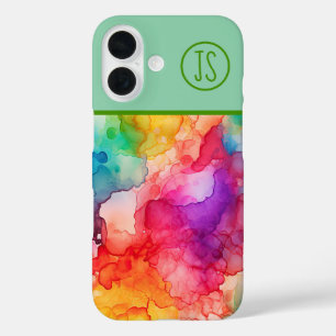 Abstract Alcohol Ink Style Rainbow Monogrammed iPhone 16 Case