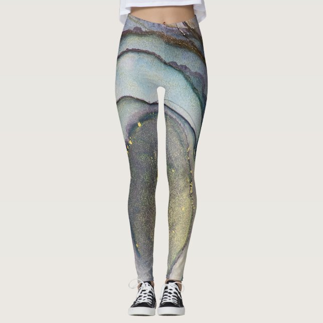 Abstract Alcohol Ink Teal Purple Grey Gold Leggings (Front)