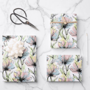 Abstract Alcohol Wash Pen and Ink Medium Flowers Wrapping Paper Sheet