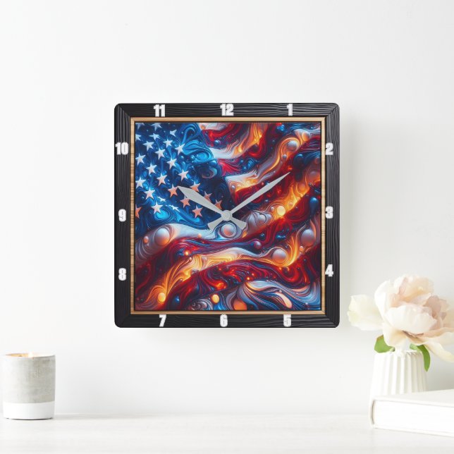 Abstract American Flag Modern Square Wall Clock (Home)