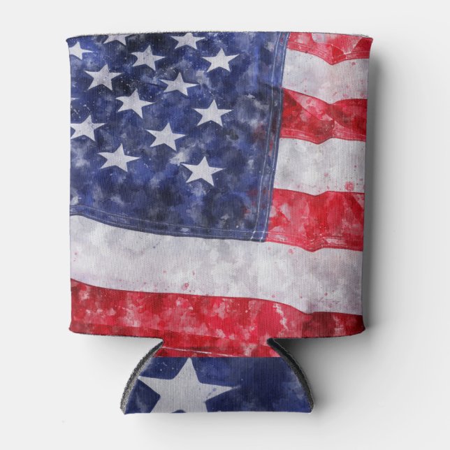 Abstract American Flag, Watercolor Style. Can Cooler (Front)