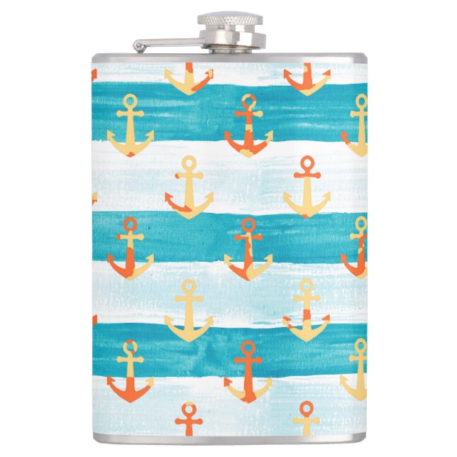 Abstract anchors: watercolor stripe pattern. hip flask (Front)