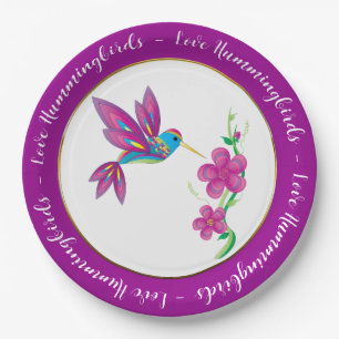 Abstract and Colorful Hummingbird and Flowers Paper Plate